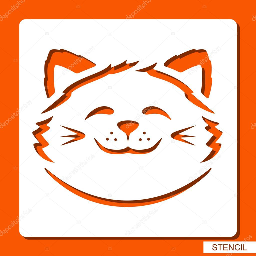 Cat head silhouette. Stencil for children. White object on orange background. artoon zoo character. Template for laser cutting, wood carving, paper cut and printing. Vector illustration.