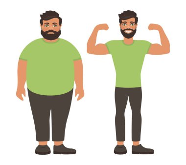 Üzgün ve mutlu sağlıklı ince bir adam. Kilo kaybı lifestyle, vücut bakımı. Obezite sorunu. Önce ve sonra diyet ve spor görüntüleyin. Beyaz arka plan üzerinde çizgi film karakterleri. Düz tasarım. Vektör çizim.