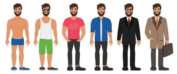 Homem Bonito Sorridente Roupas Diferentes Tipos Estilo Casual Formal Negócios —  Vetores de Stock