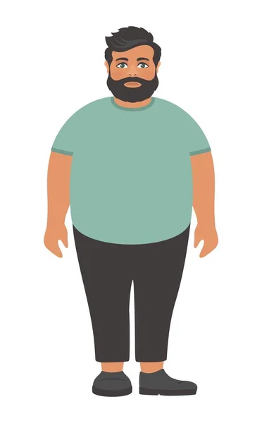 穿着绿色大 T恤的悲伤的胡须胖子 肥胖问题 动画片字符在白色背景 扁平设计 向量例证 — 图库矢量图片