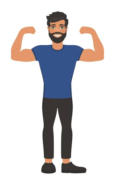快乐微笑的男人显示他的肌肉 健康的生活方式 运动的身体 穿着蓝色 T恤和牛仔裤的黑头发男孩 绿色的眼睛 动画片字符在白色背景 矢量图像 — 图库矢量图片