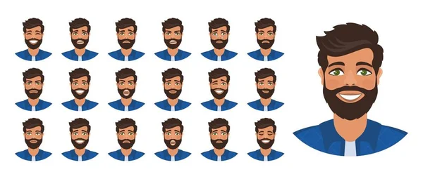 Set Diverse Emozioni Facciali Maschili Uomo Con Barba Sta Sorridendo — Vettoriale Stock