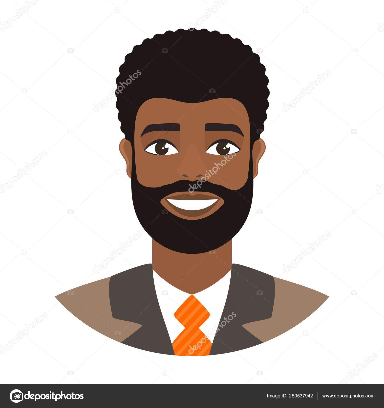 Portrait Smiling Afro Man Bearded Businessman Suit Orange Tie Dark