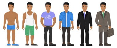Farklı tip kıyafetler gülümseyen Asyalı adam. Gündelik, resmi ve iş tarzı. Siyah gözlü koyu saçlı adam. Beyaz bir arka planda ayakta karikatür erkek karakterler. Düz vektör çizim.