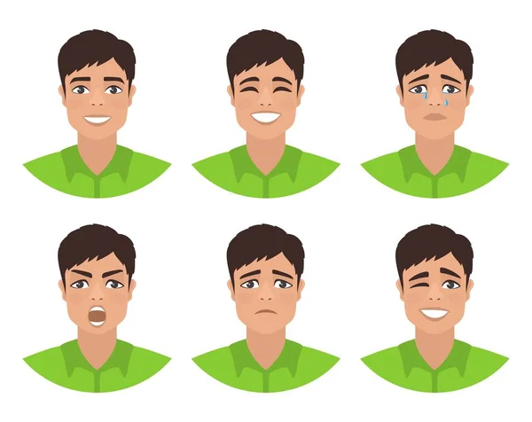 Conjunto Avatares Para Hombre Que Expresan Diversas Emociones Alegría Tristeza — Vector de stock