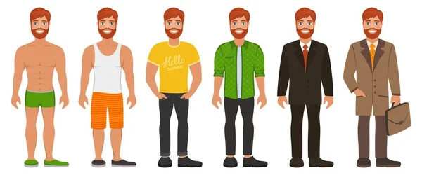 Homem Bonito Sorridente Roupas Diferentes Tipos Estilo Casual Formal Negócios —  Vetores de Stock