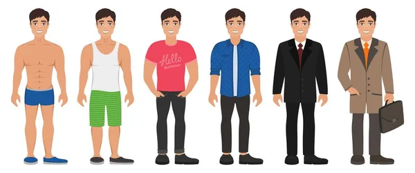 Jovem Bonito Sorridente Roupas Diferentes Tipos Estilo Casual Formal Negócios —  Vetores de Stock