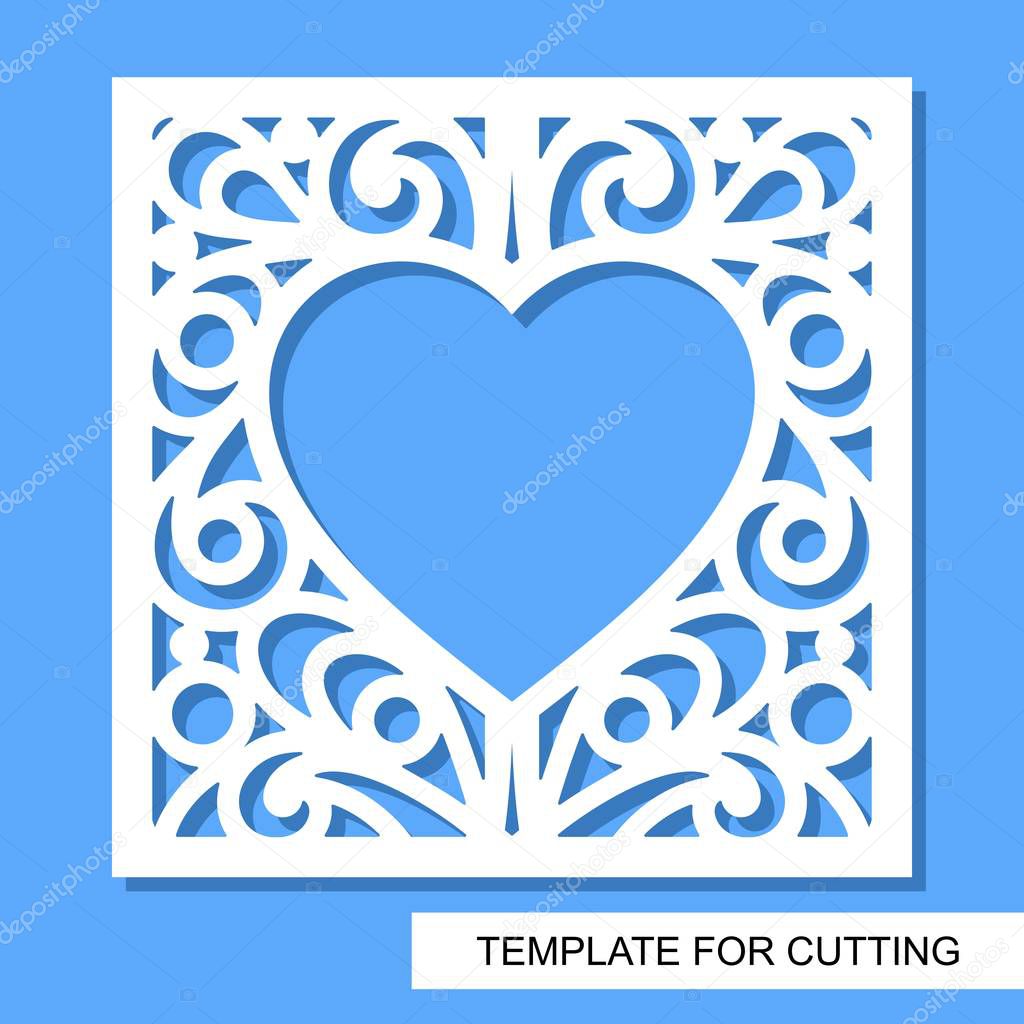 Square decorative panel with heart. White objects on a blue background. Template for laser cutting, wood carving, paper cut or printing. Vector illustration.