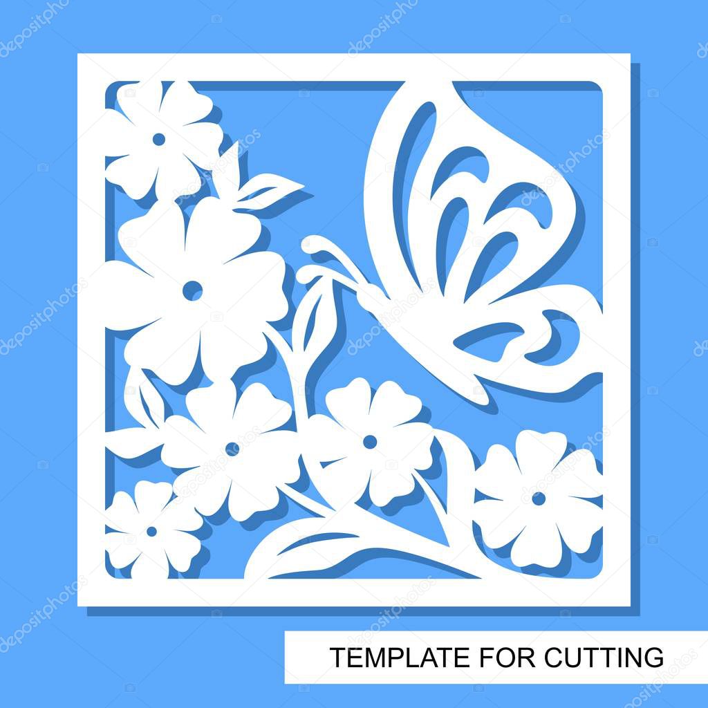 Square decorative panel with flowers and butterfly. White object on a blue background. Template for laser cutting, wood carving, paper cut or printing. Vector illustration.