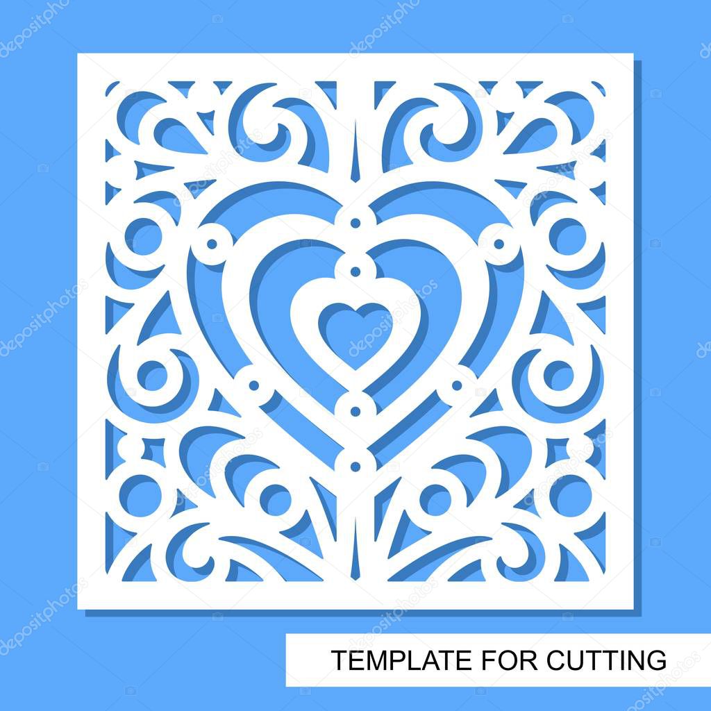 Square decorative panel with heart. White objects on a blue background. Template for laser cutting, wood carving, paper cut or printing. Vector illustration.