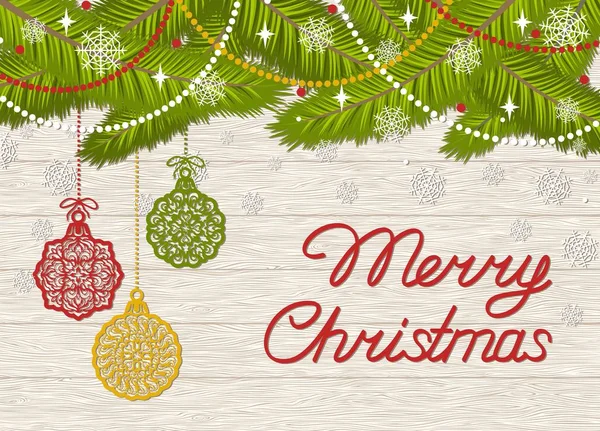 Metin Merry Christmas Ile Tatil Tebrik Kartı Açık Kahverengi Ahşap — Stok Vektör
