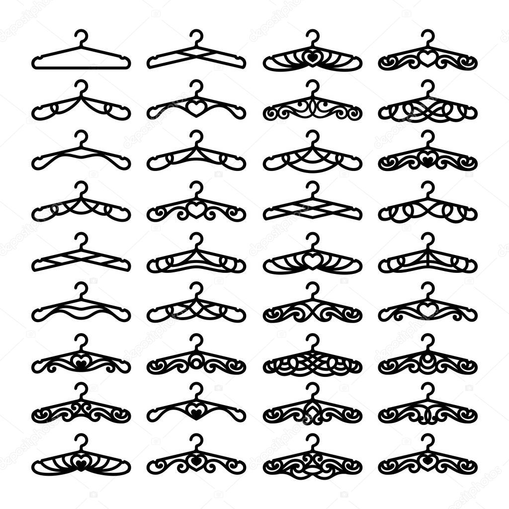 Set of decorative clothes hangers for atelier, wedding salon, boutique, store. Black objects on white background. Template for laser cutting, wood carving, paper cut and printing. Vector illustration.