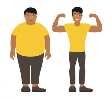 Üzgün şişman ve mutlu sağlıklı ince asya adam. Kilo kaybı yaşam tarzı, vücut bakımı. Obezite sorunu. Diyet ve spor öncesi ve sonrası görüntüleyin. Beyaz arka planda çizgi film karakterleri. Düz vektör çizimi.