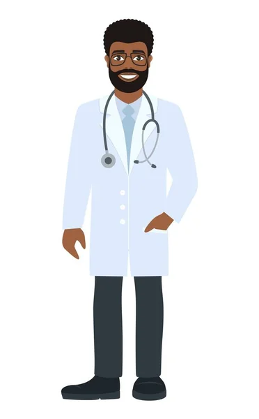 开朗的男医生戴眼镜和听诊器 微笑的非洲男子穿着医疗制服 白色背景上的卡通人物 平面样式中的矢量插图 — 图库矢量图片