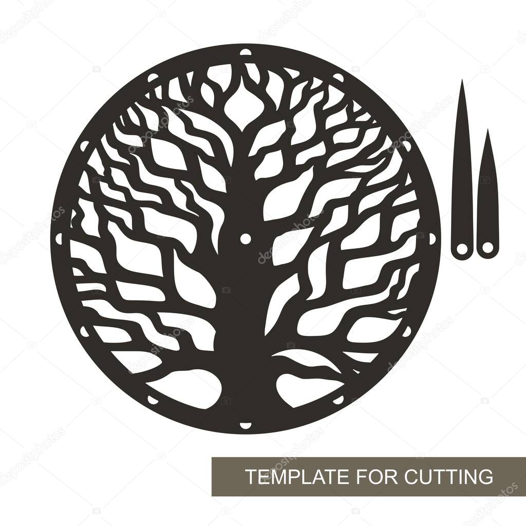 Round dial with decorative tree (trunk, dense branches) inside. Hour and minute hands. An unusual design element for the interior. Vector layout for laser cutting (cnc).