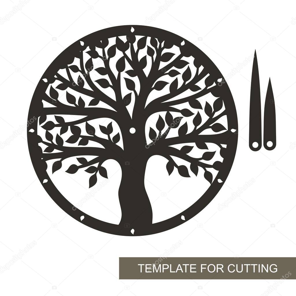 Round dial with decorative tree (trunk, branches, leaves) inside. Hour and minute hands. An unusual design element for the interior. Vector layout for laser cutting (cnc).