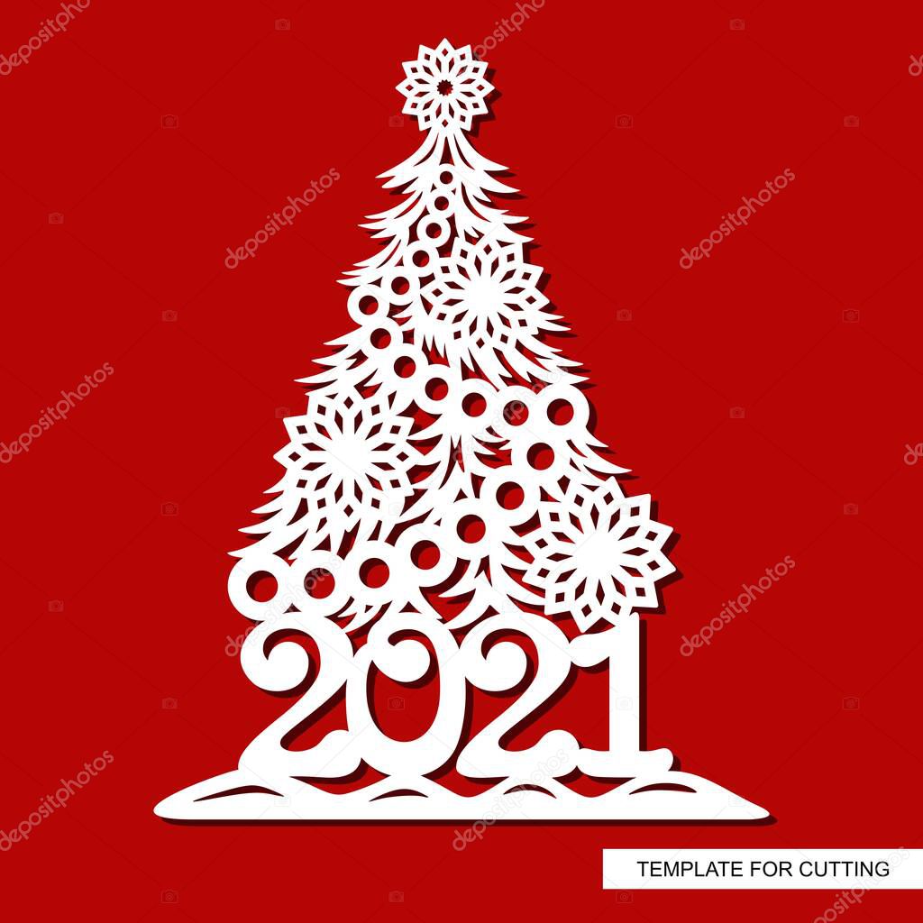 Decorative silhouette of a Christmas tree with garlands, snowflakes, snowdrifts and numbers of the year - 2021. Template for laser cutting (cnc) paper, cardboard, metal or plywood. Vector illustration