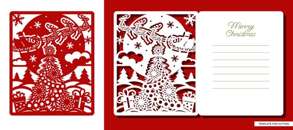 Cartão Natal Com Árvore Presentes Papai Noel Trenó Veado Flocos — Vetor de Stock