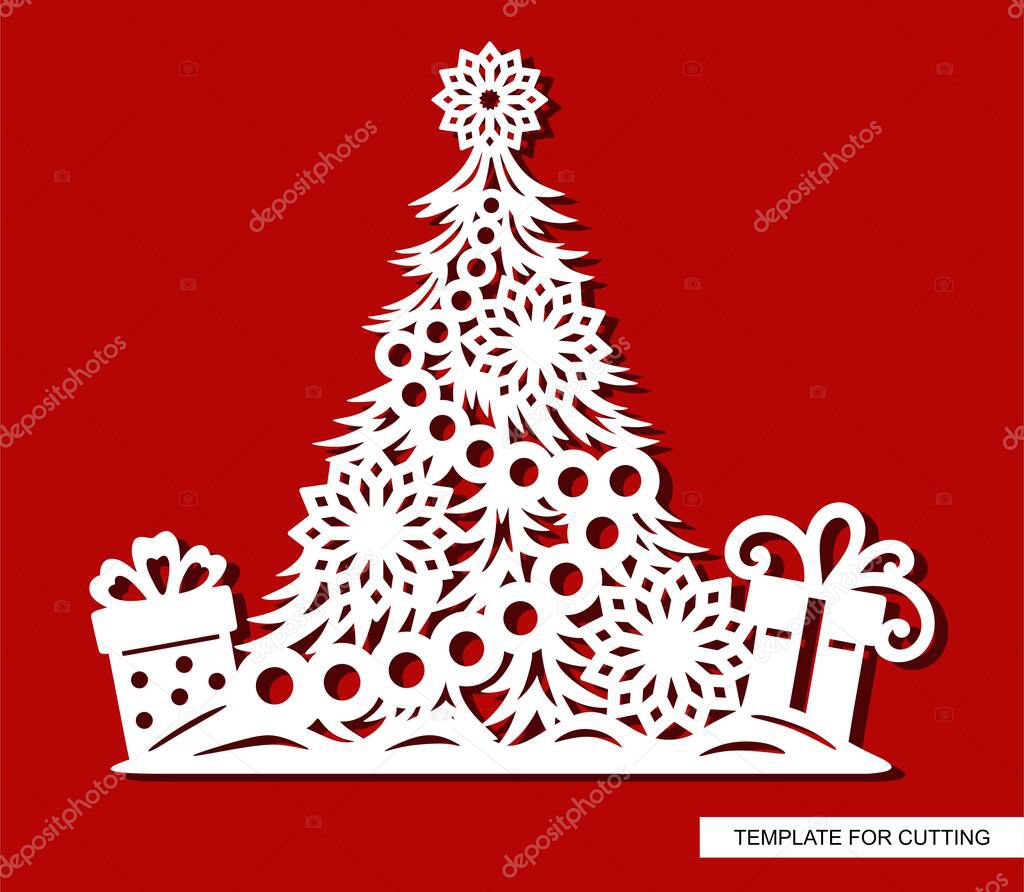 Silhouette of a festive Christmas tree with garlands balls, snowflakes, stars and gifts. Template for laser cutting (cnc), wood carving, paper cut or printing. Vector illustration. 