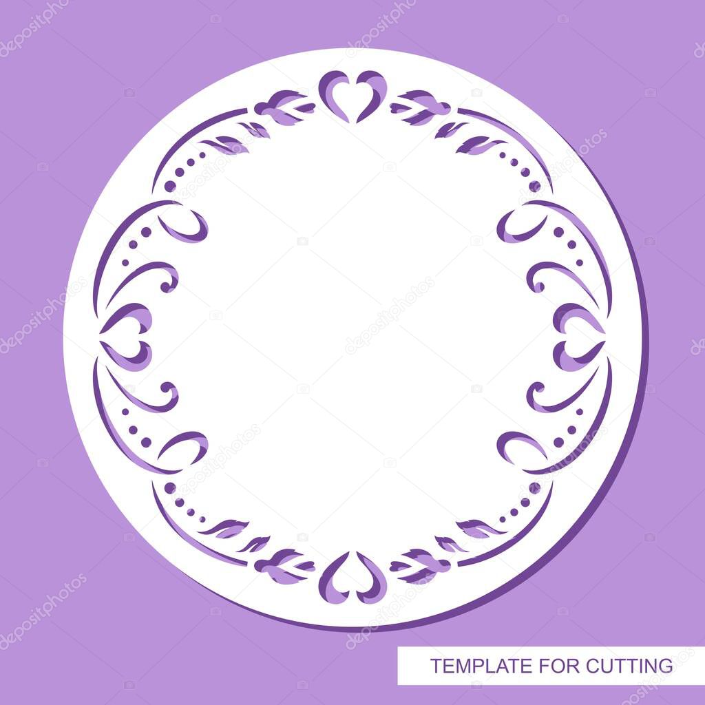 Elegant round frame with a floral pattern of leaves, twigs, flowers (rose buds). White object on a violet background. Vector template for plotter laser cutting (cnc) paper, carving, engraving. 