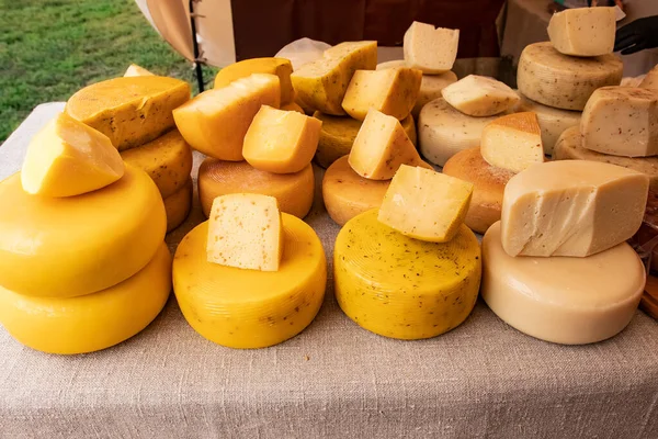 Natural cheeses. Many heads of cheese on the table covered with linen cloth. A counter with heads of cheese at the fair. Sale of narural farm hard cheese from milk, produced according to traditional technology.