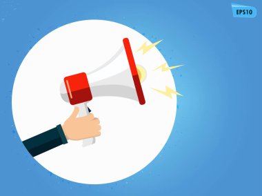 Elinde megafon. Mavi degrade arka plan. Yüksek çözünürlük