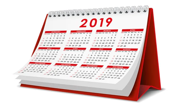 Desktop Calendar 2019 Red Color — Stock Vector