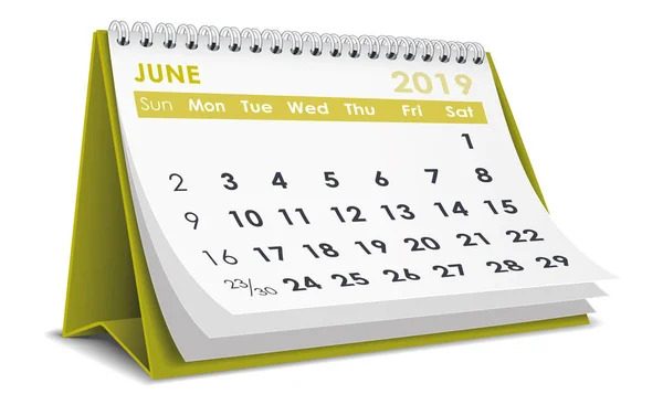 Juni 2019 Desktop Kalender Witte Achtergrond — Stockvector