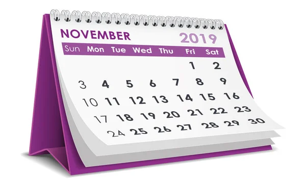 Listopadu 2019 Stolní Kalendář Bílém Pozadí — Stockový vektor