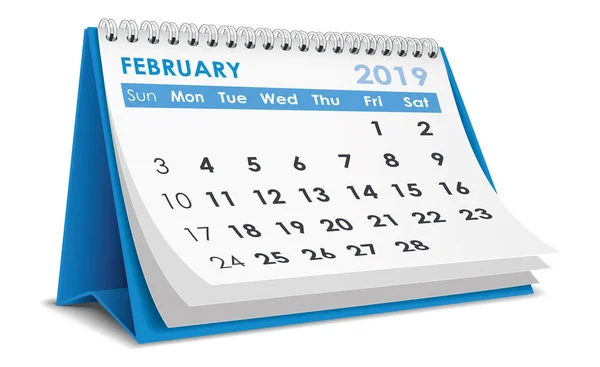 Únor 2019 Stolní Kalendář Bílém Pozadí — Stockový vektor