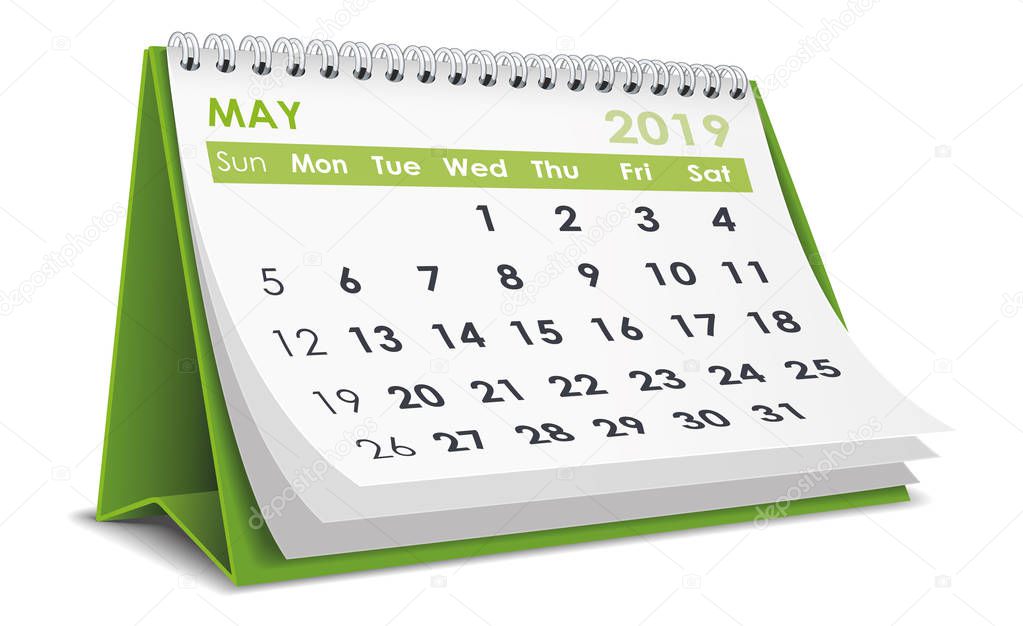 May 2019 3D desktop calendar in white background