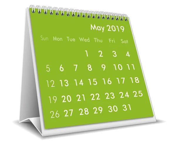 Může 2019 Stolní Kalendář Bílém Pozadí — Stockový vektor