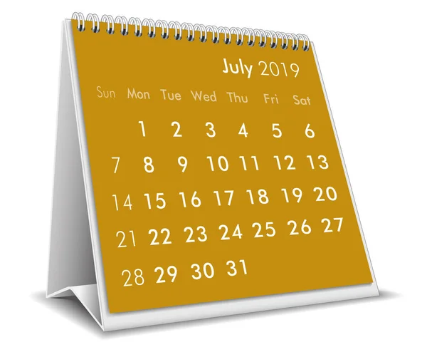 Julio 2019 Calendario Escritorio Fondo Blanco — Archivo Imágenes Vectoriales