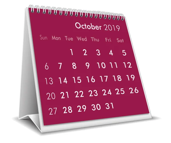Outubro 2019 Calendário Desktop Fundo Branco — Vetor de Stock