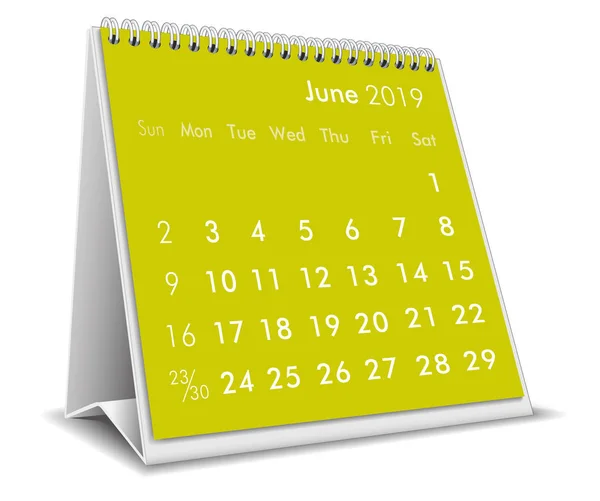 Juni 2019 Desktop Kalender Witte Achtergrond — Stockvector