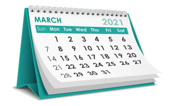 Marzo 2021 Calendario Aislado Fondo Blanco — Vector de stock