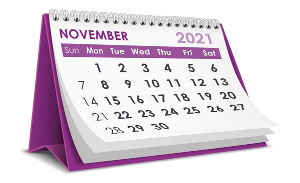 Novembro 2021 Calendário Isolado Fundo Branco — Vetor de Stock