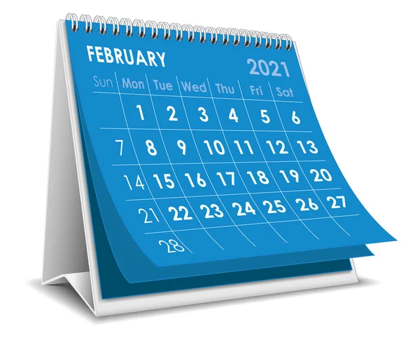 Vector Desktop Calendar February 2021 Isolated White Background — Stock Vector