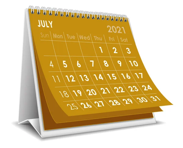 Vector Desktop Calendario Luglio 2021 Isolato Sfondo Bianco — Vettoriale Stock