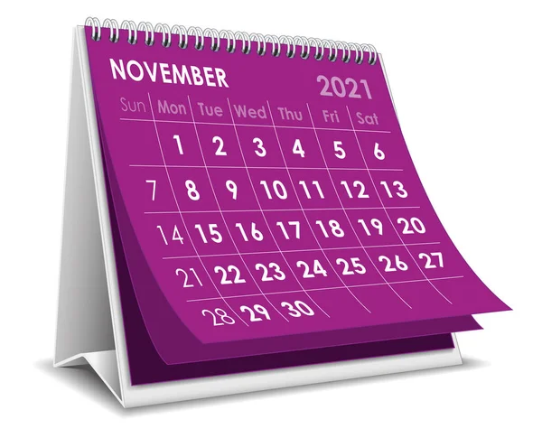 Vector Desktop Calendário Novembro 2021 Isolado Fundo Branco — Vetor de Stock