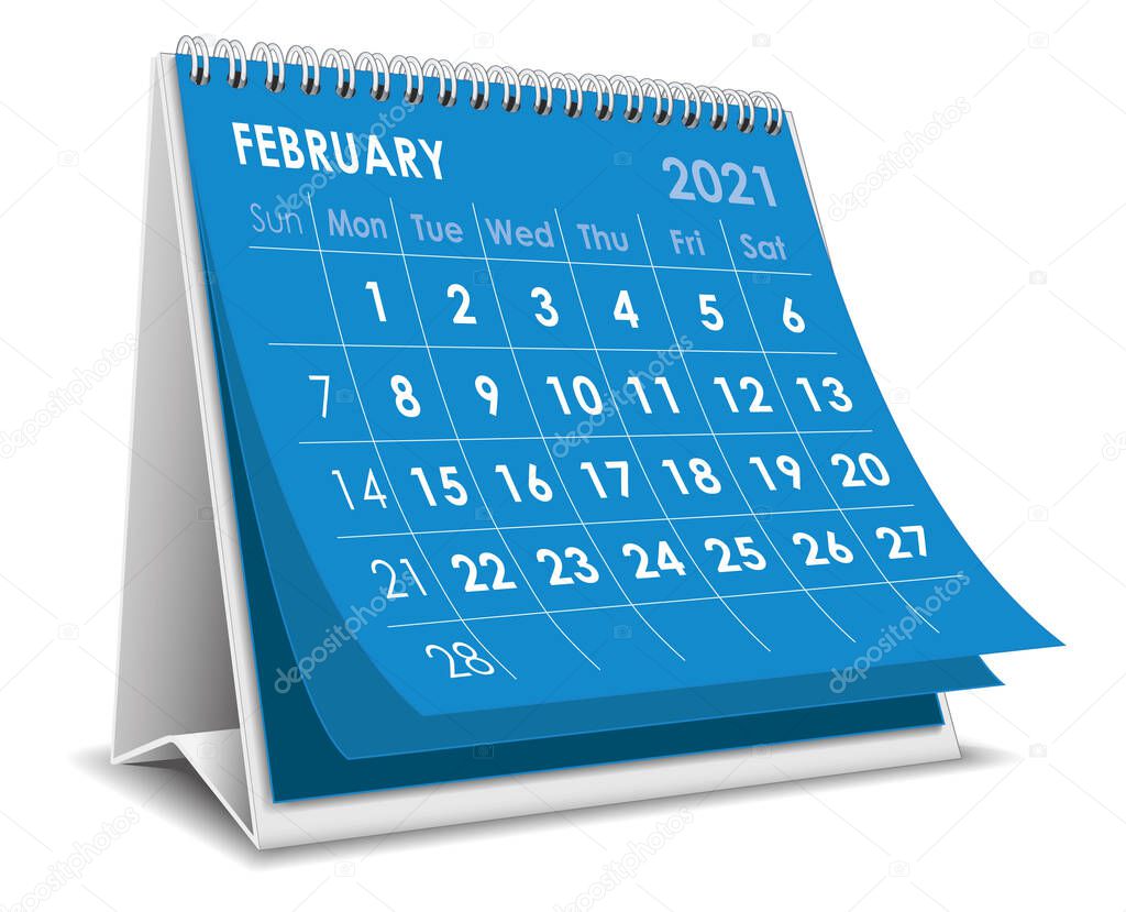 Vector Desktop 3D calendar February  2021 isolated in white background