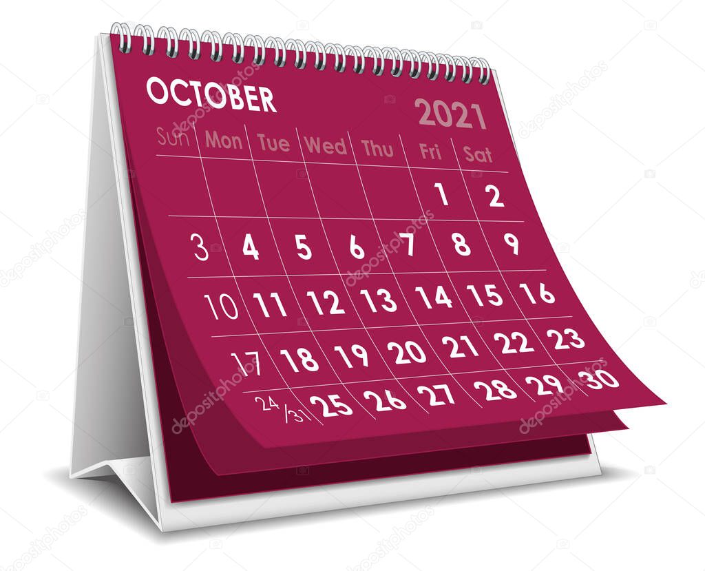 Vector Desktop 3D calendar October 2021 isolated in white background