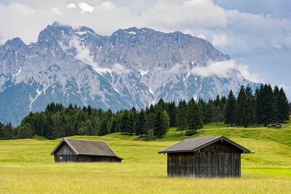 Wooden Huts Zugspitze Highest Mountain Germany Bavarian Alps — Stock Photo, Image