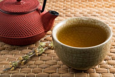 Fincan çay ve kuru çay doğal Örtüleme ile Japon geleneksel tarzı kırmızı çaydanlık