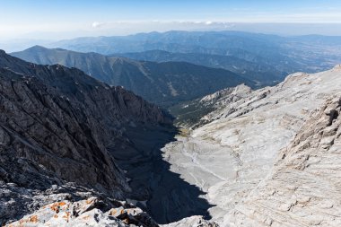 View of the steep rock face of Kazania, just below the highest peaks of Mount Olympus, the highest mountain of Greece and  home of the ancient Greek gods