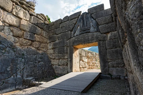 Híres Lions Gate Főbejárat Citadella Régészeti Lelőhely Lábjegyzetek Peloponnészosz Görögország — Stock Fotó