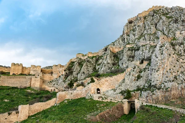 View Archaeological Site Acrocorinth Acropolis Ancient Corinth Peloponnese Greece Sunset — Stock Photo, Image