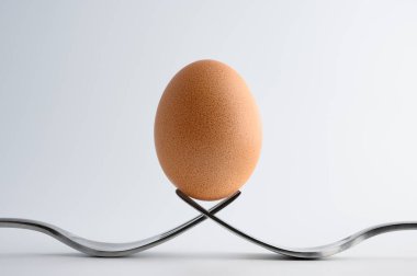 Beyaz arka plan üzerinde iki çatal üzerinde dengede yumurta