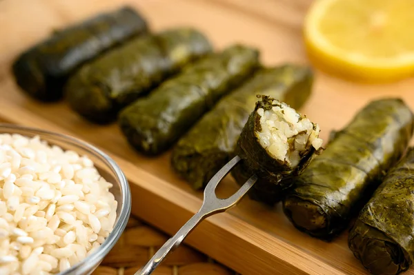 Delicious Stuffed Grape Leaves Traditional Dolma Mediterranean Cuisine Wooden Tray — Stock Photo, Image