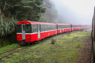 Alishan, Tayvan-14 Ekim 2018: Sisli bir günde Alishan Dağı, Tayvan 'daki alishan tren istasyonunda kırmızı tren durağı.